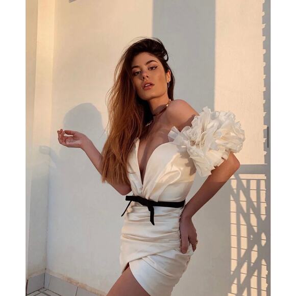 House of CB Agatha Ivory Organza Dress Puff Sleeve Sweetheart Belted Mini Small - Picture 3 of 9